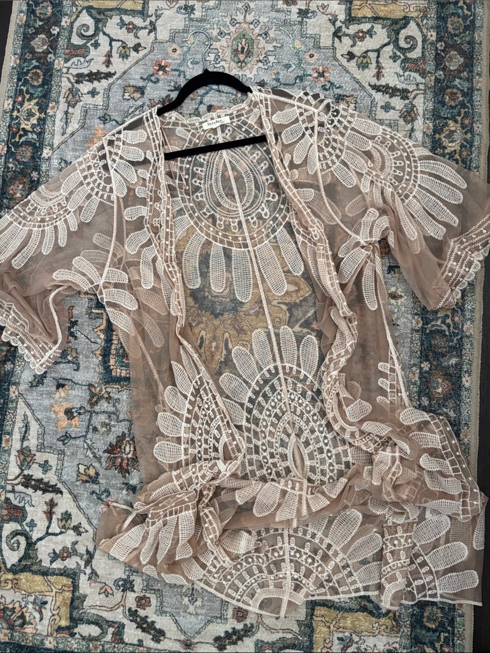 Boho Lace Mesh Kimono Top - Beige